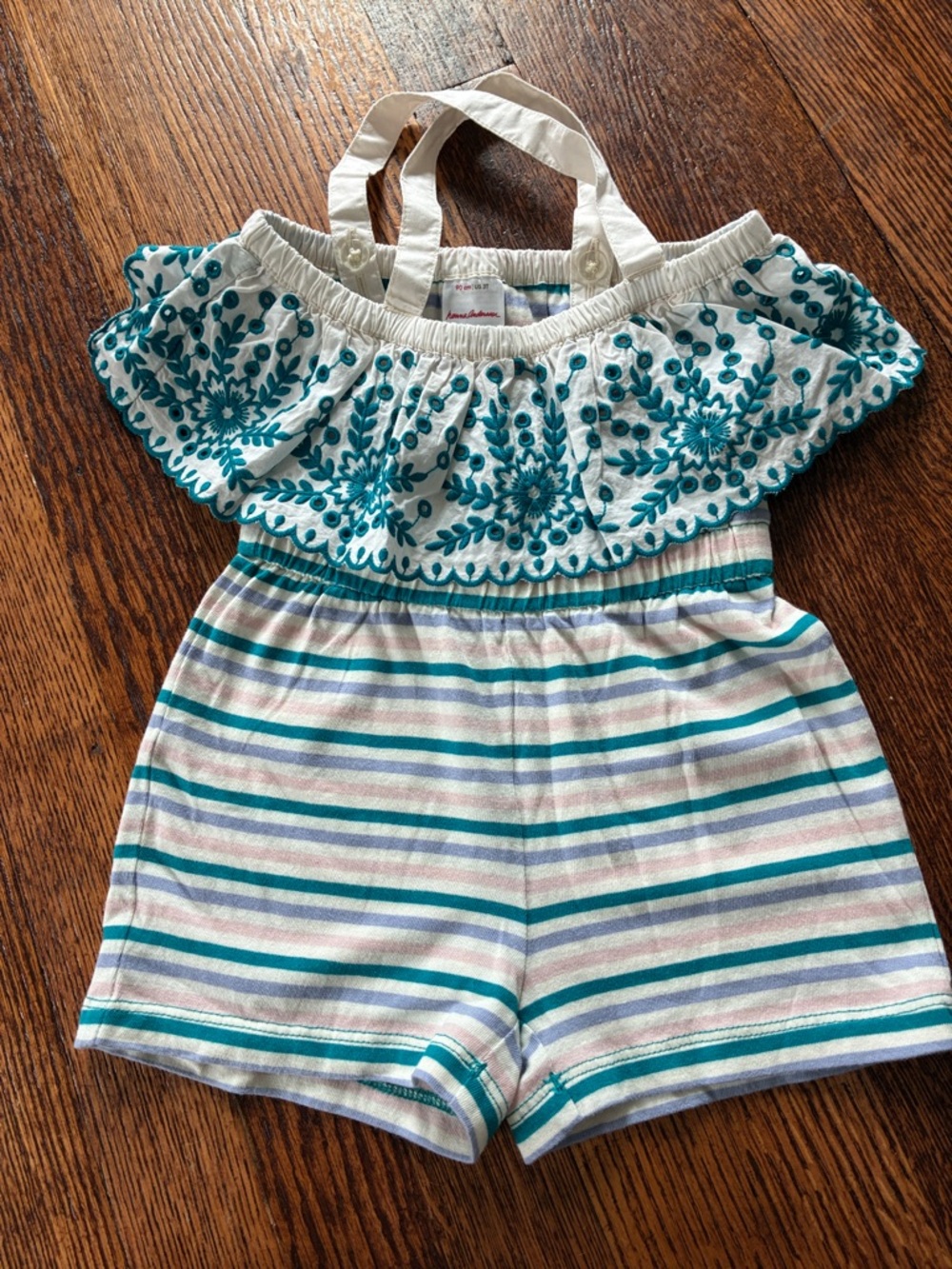 Hanna Andersson Girls' Teal Embroidered Ruffle Striped Romper
